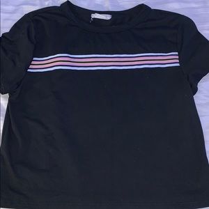 black shirt with pink yellow and white stripes